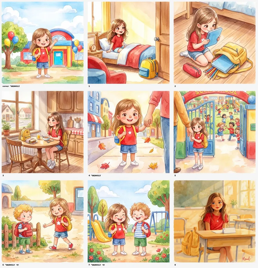 The approved rebuilt pages: one consistent six-year-old in watercolour