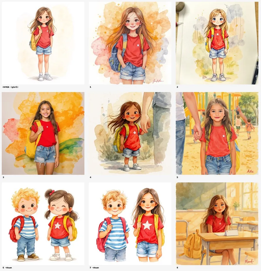 Contact sheet of the first-pass book pages: the girl's age and drawing style change between pages, and some pages carry painted signatures